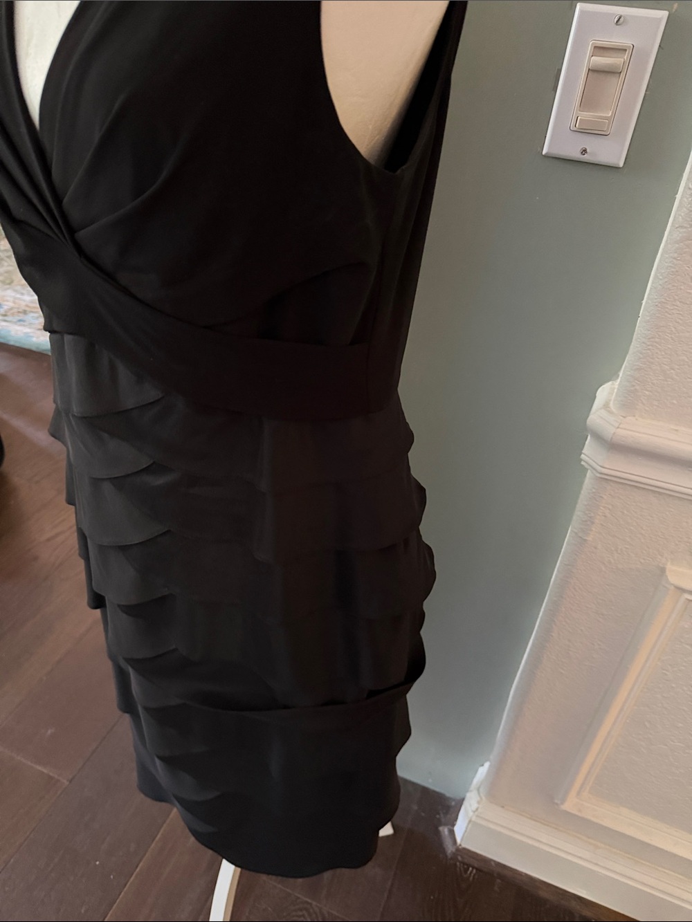 Adrianna Papell Black V-Neck Tiered Ruffle Midi Dress